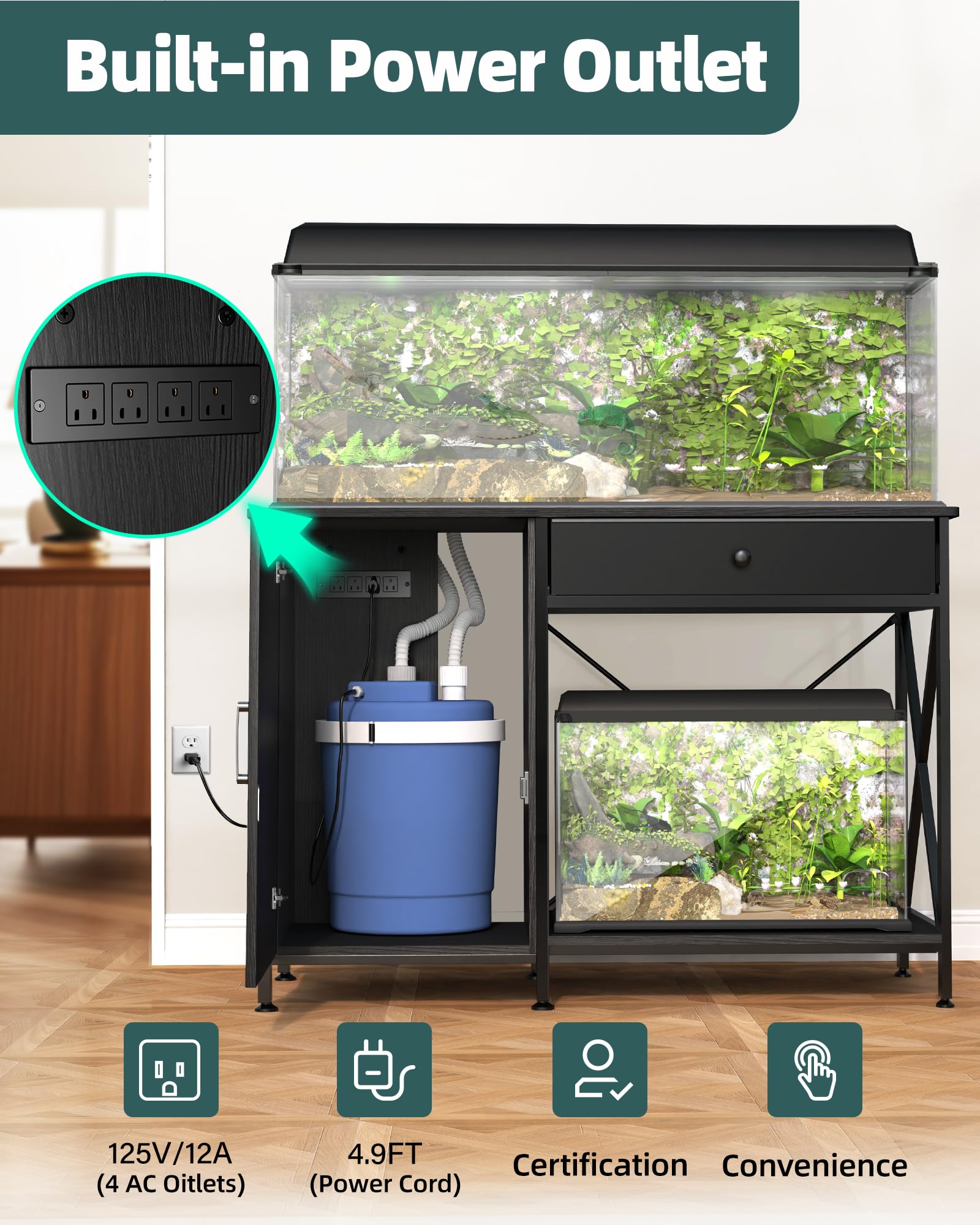 FILKO Fish Tank Stand for 40-50 Gallon Fish Tank: Aquarium Stand with Power Outlet - Metal 40 Gallon Tank Stand with Cabinet Dra